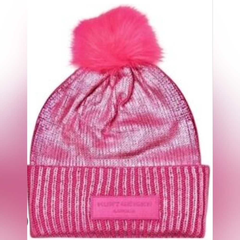 New Kurt Geiger London Pink Metallic Knit Beanie with Pom Pom